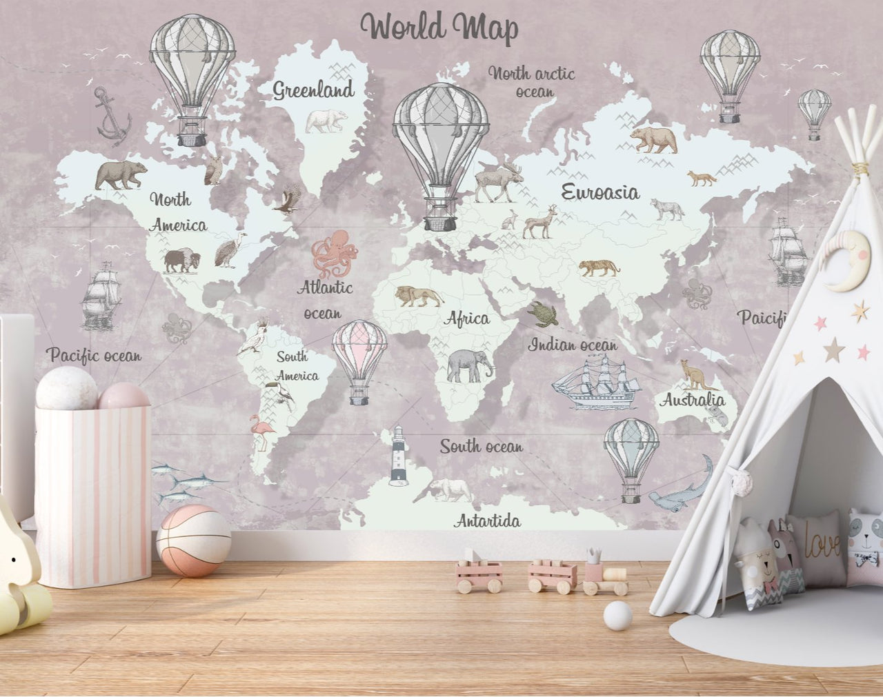 Papier Peint Animaux <br/> Aquarelle Rose Monde