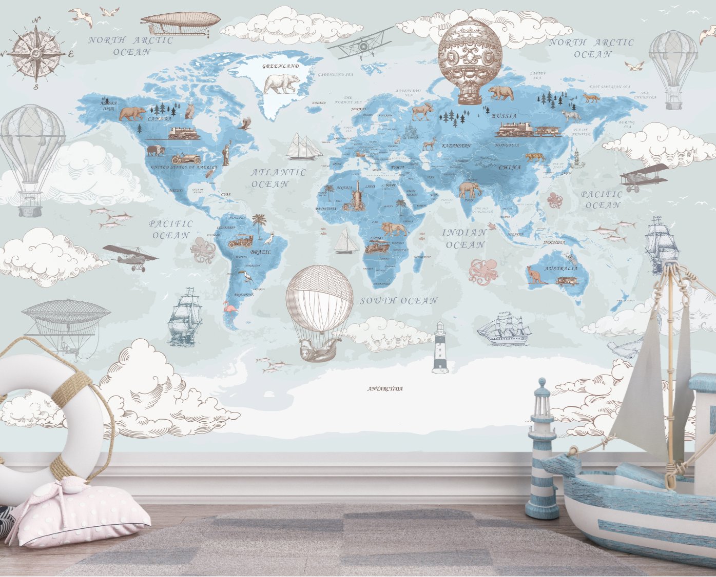 Papier Peint Animaux <br/> Aquarelle Bleu Monde