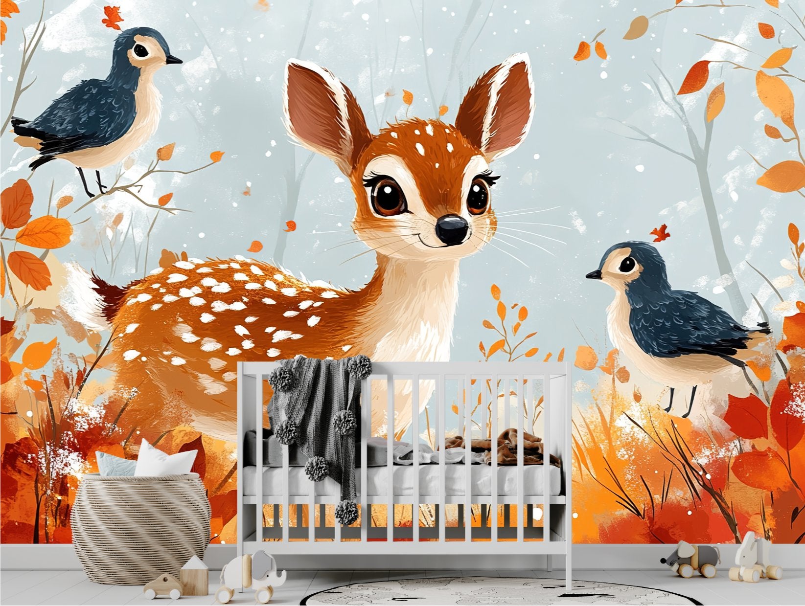 Papier Peint Animaux  <br/> Biche et Oiseaux dans la Forêt