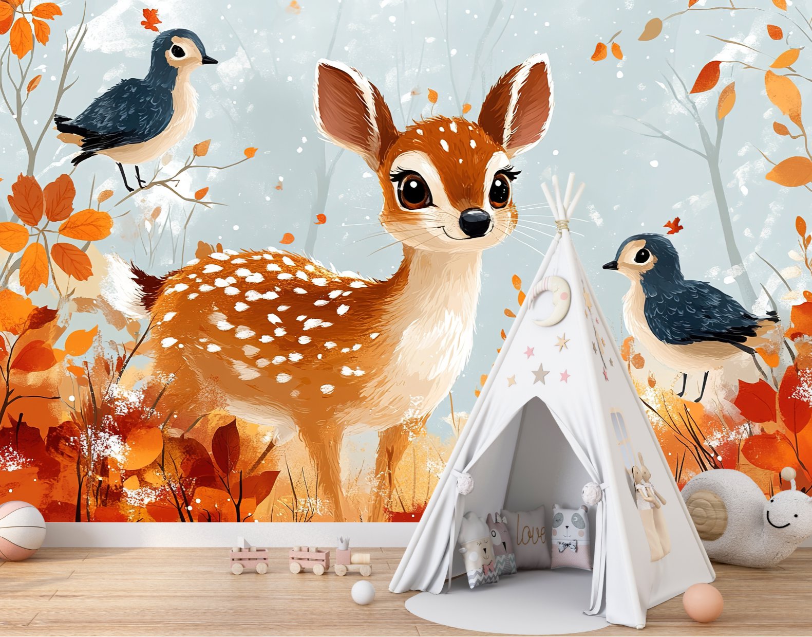 Papier Peint Animaux  <br/> Biche et Oiseaux dans la Forêt