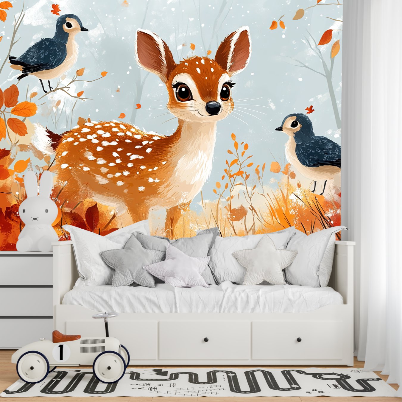 Papier Peint Animaux  <br/> Biche et Oiseaux dans la Forêt