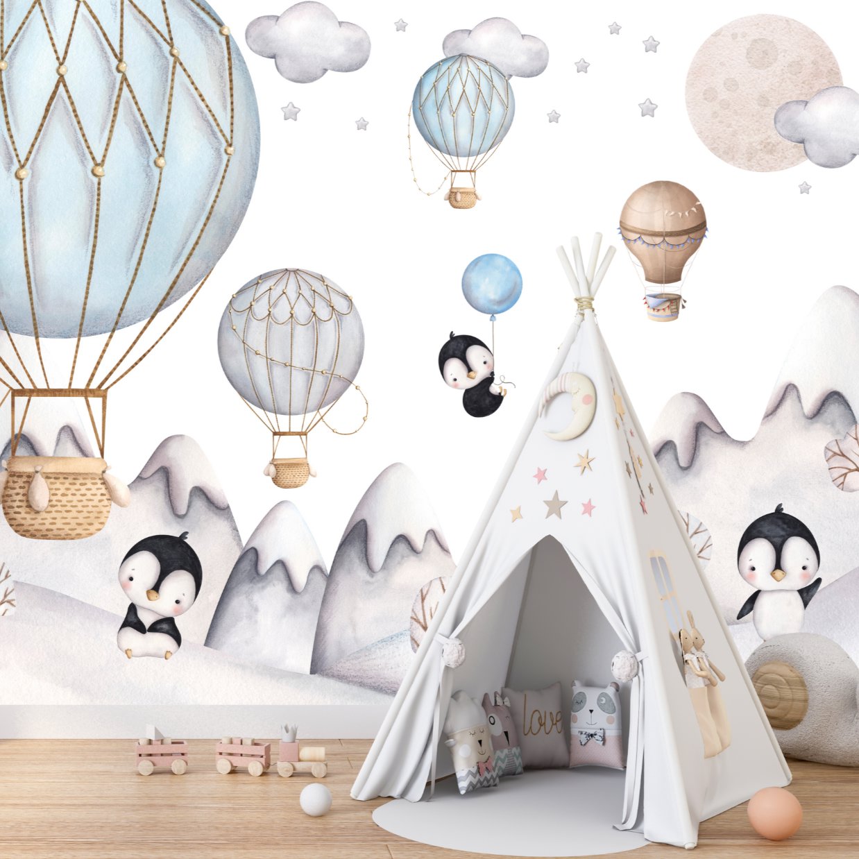 Papier Peint Animaux  <br/> Pingouins et Montgolfières dans les Neiges