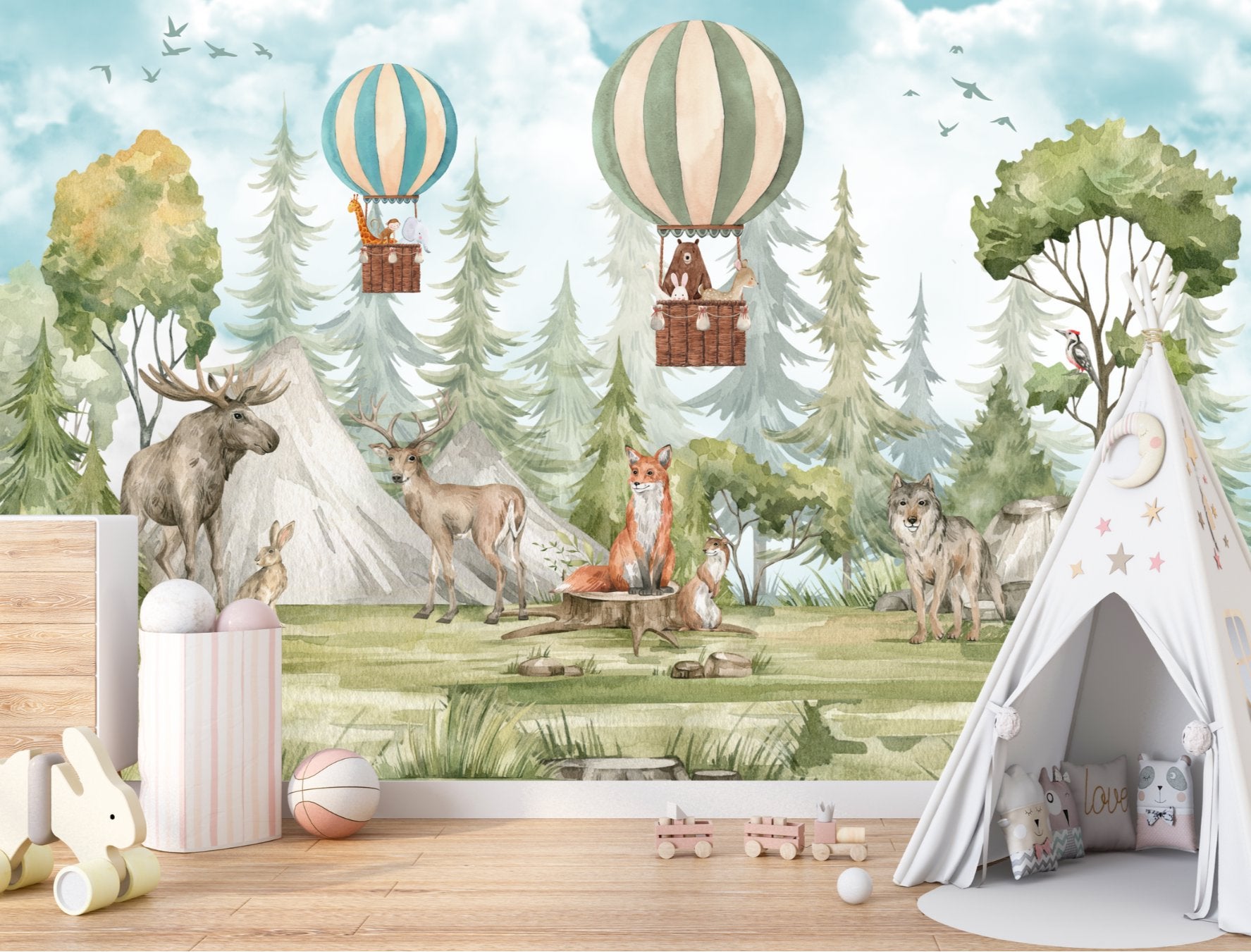 Papier Peint Animaux  <br/> Panoramique Forêt et Montgolfière