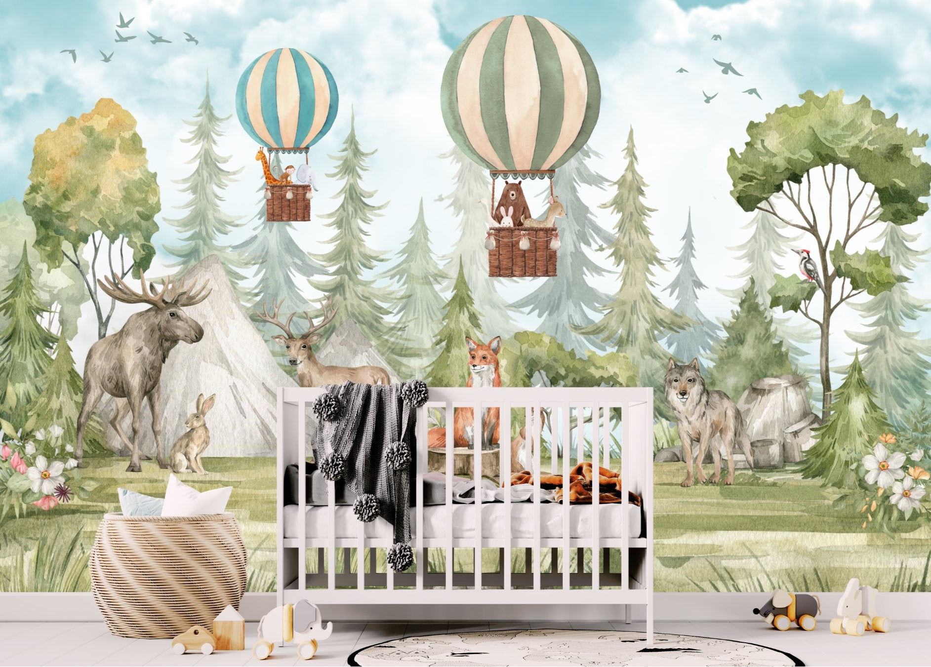 Papier Peint Animaux  <br/> Panoramique Forêt et Montgolfière