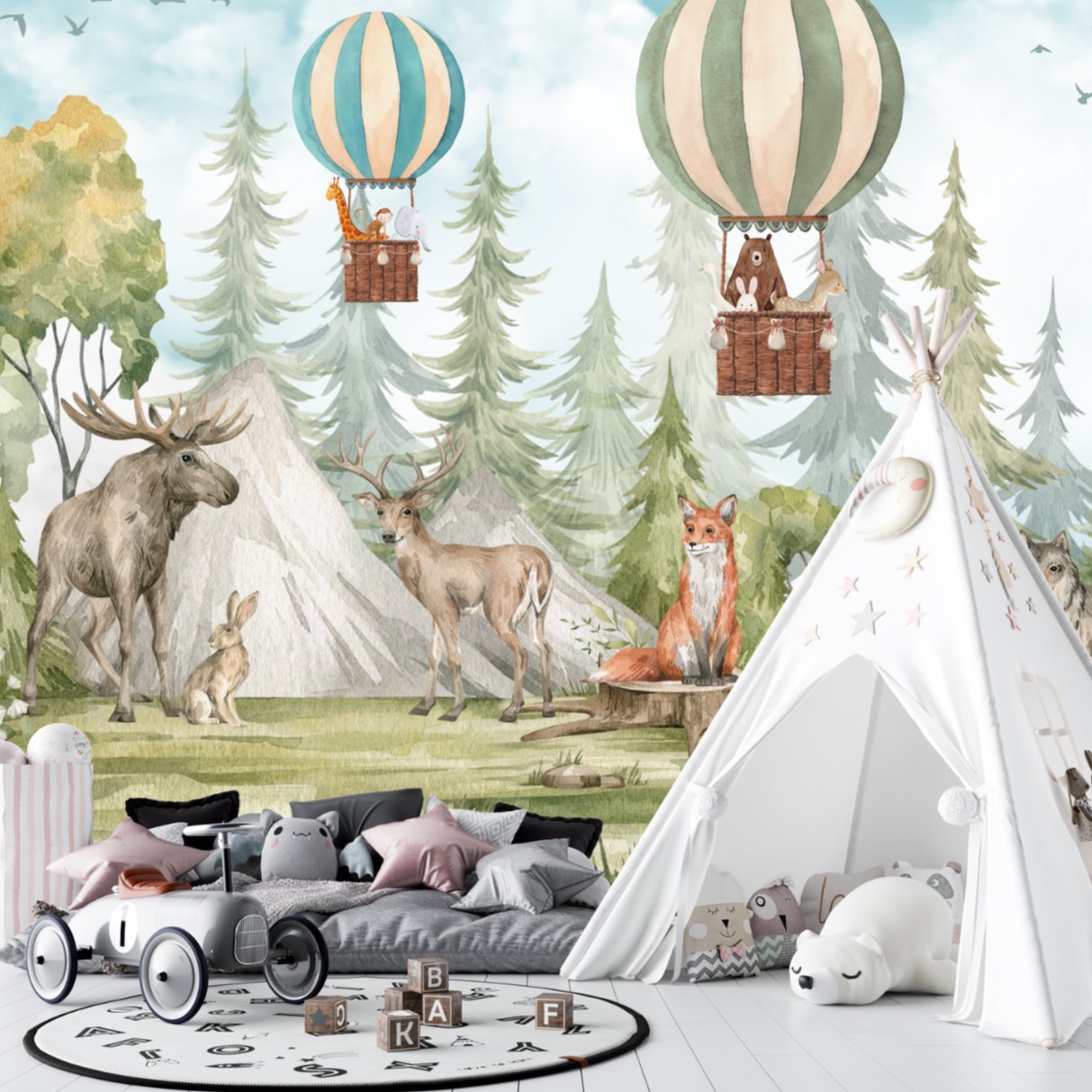 Papier Peint Animaux  <br/> Panoramique Forêt et Montgolfière