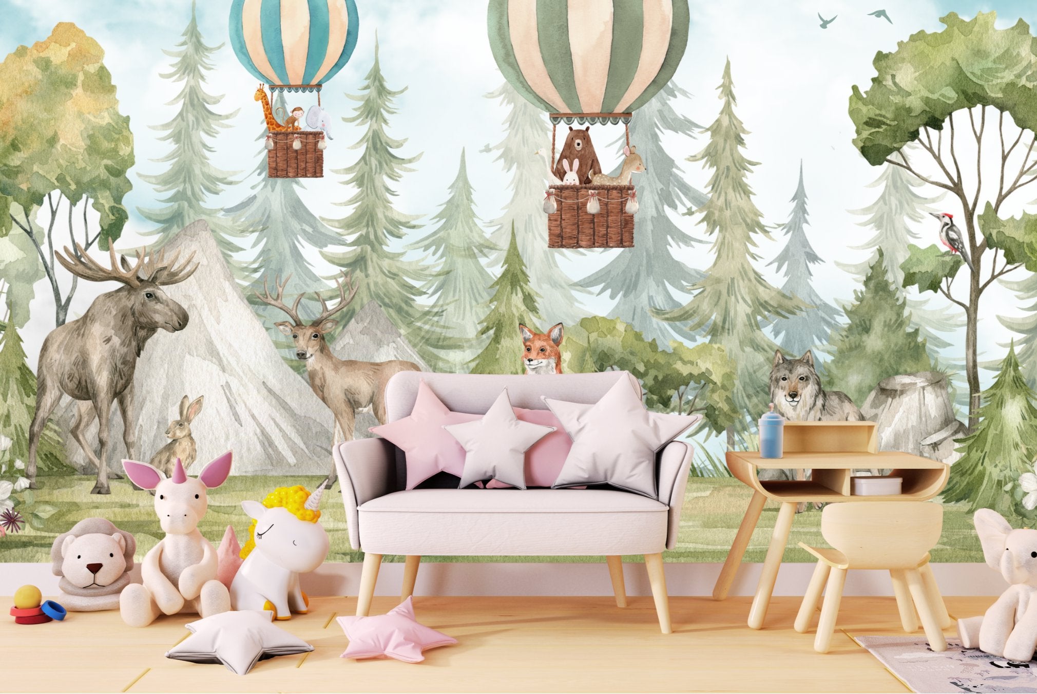 Papier Peint Animaux  <br/> Panoramique Forêt et Montgolfière