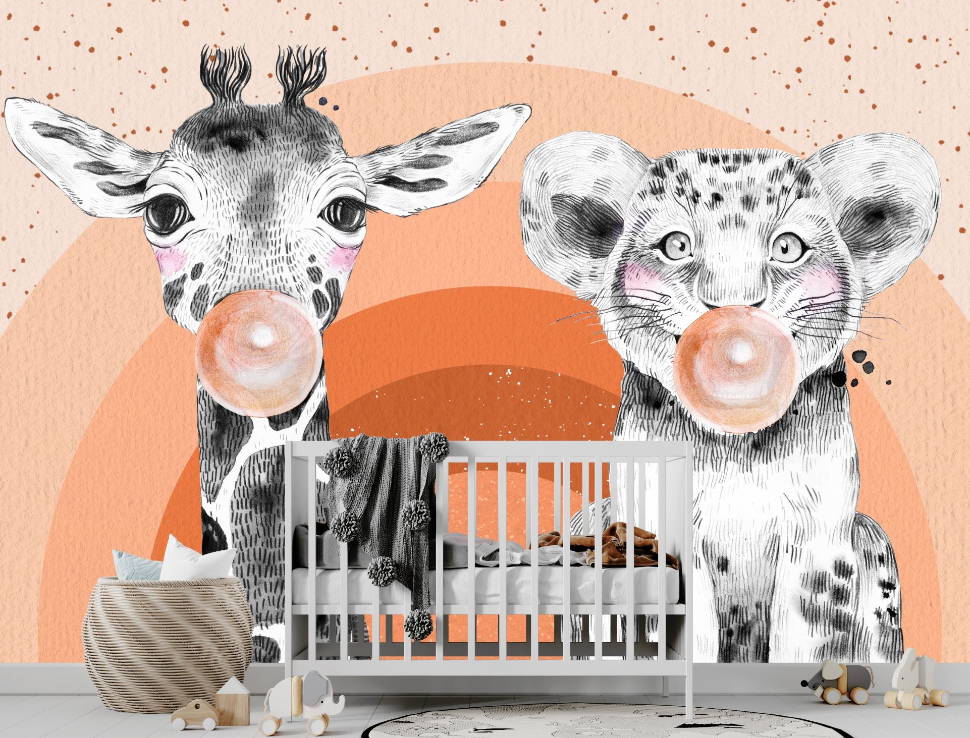 Papier Peint Animaux  <br/> Lionceau et Girafe Terracota