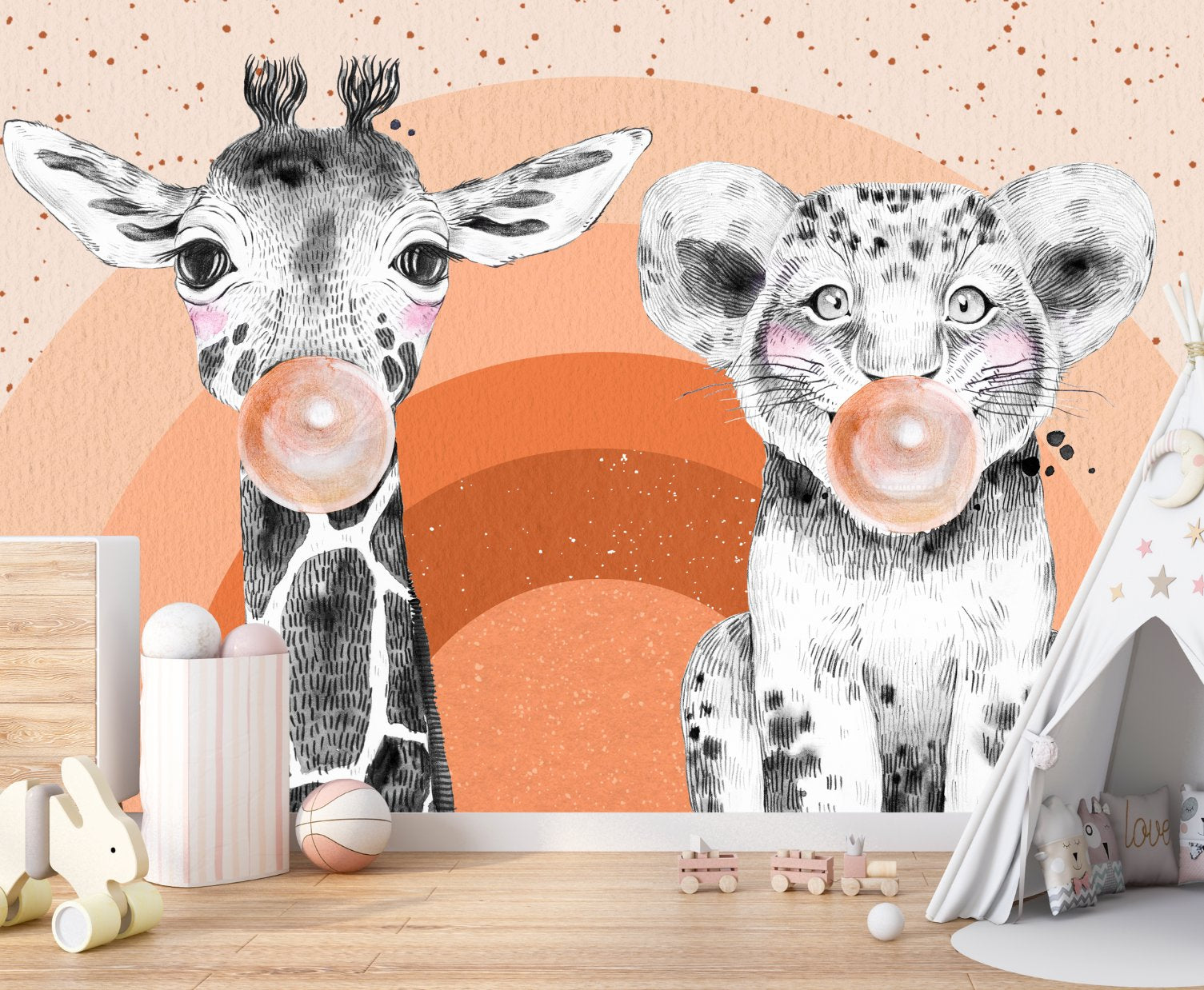 Papier Peint Animaux  <br/> Lionceau et Girafe Terracota