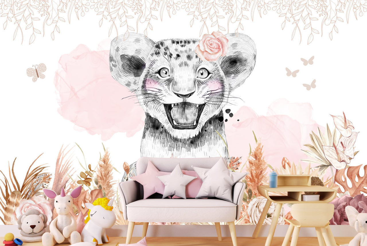 Papier Peint Animaux  <br/> Lion Boho Rose Poudré