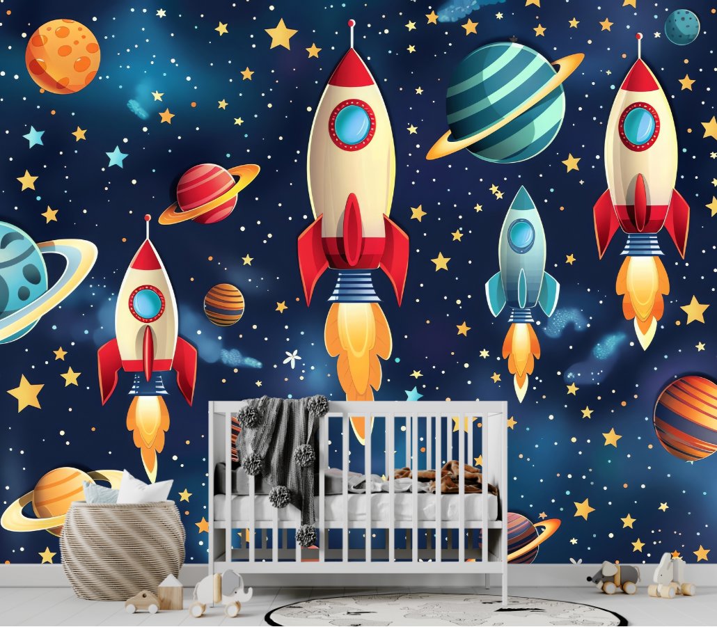 Papier Peint Espace <br/> Fusées Colorées et Ciel étoilé