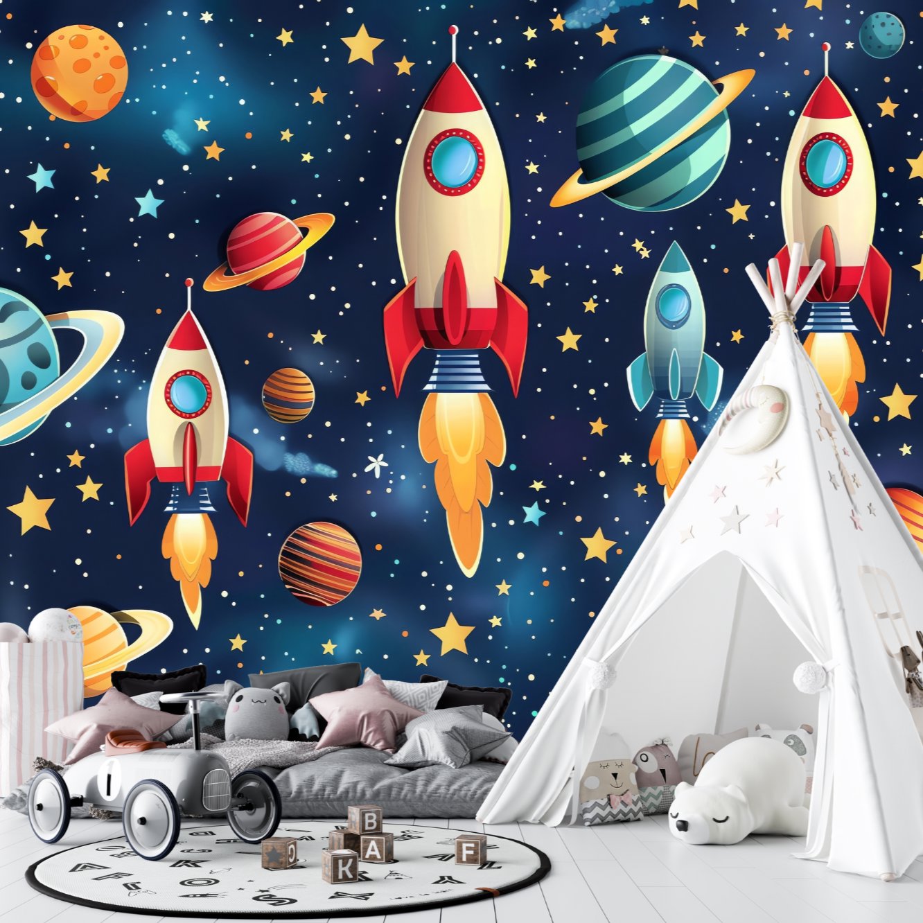 Papier Peint Espace <br/> Fusées Colorées et Ciel étoilé