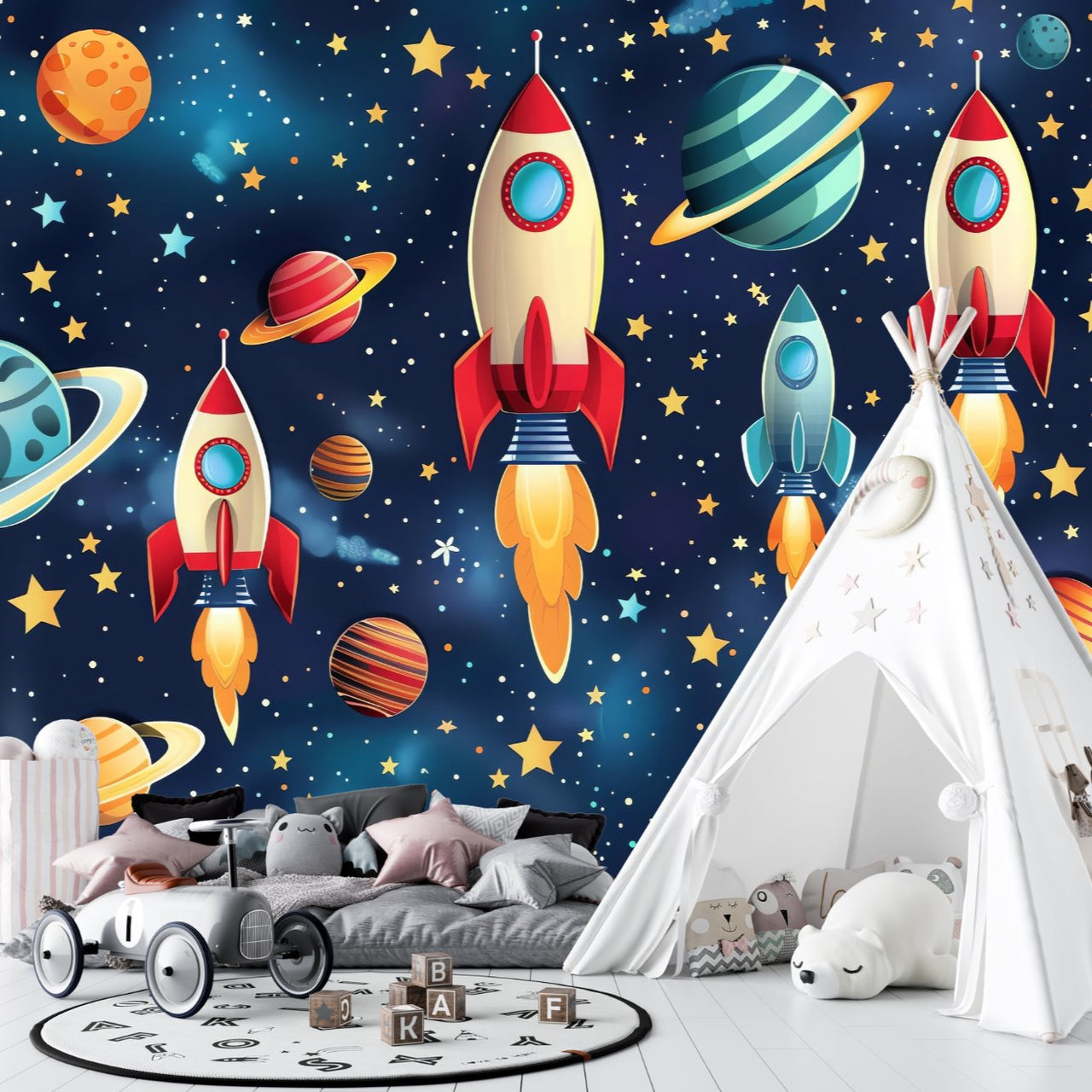 Papier Peint Espace <br/> Fusées Colorées et Ciel étoilé