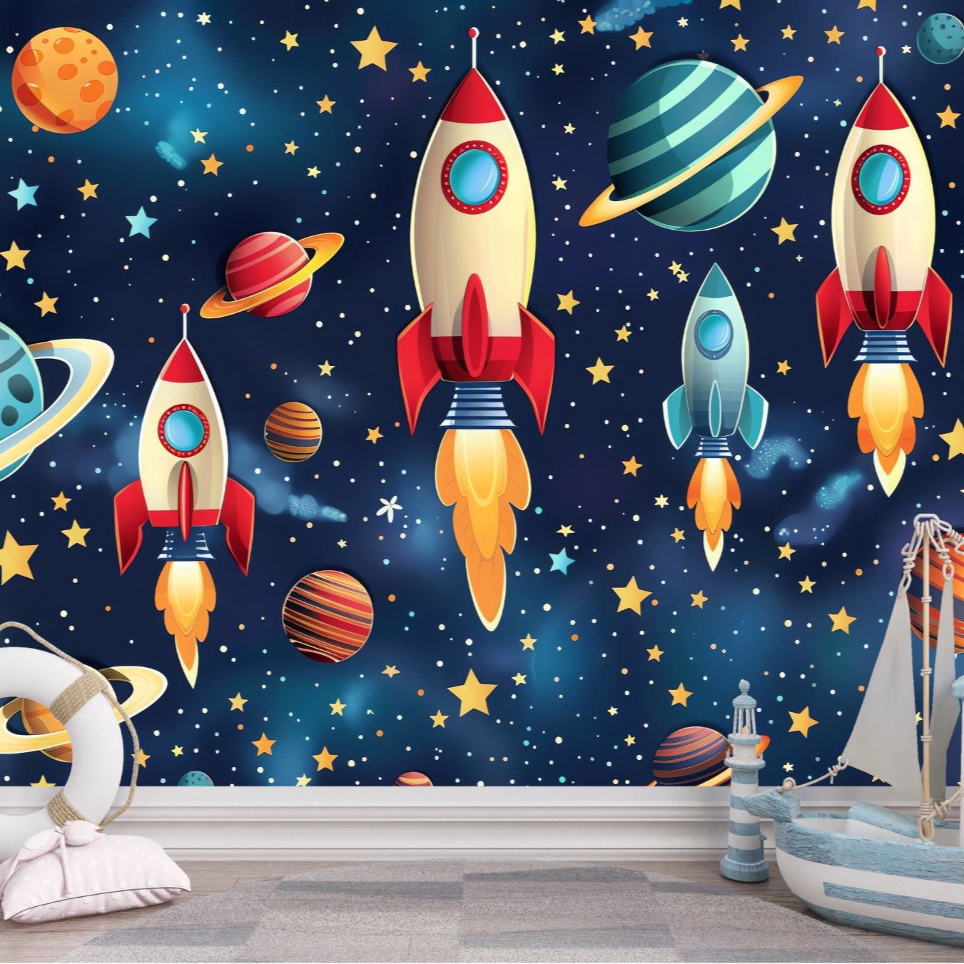 Papier Peint Espace <br/> Fusées Colorées et Ciel étoilé