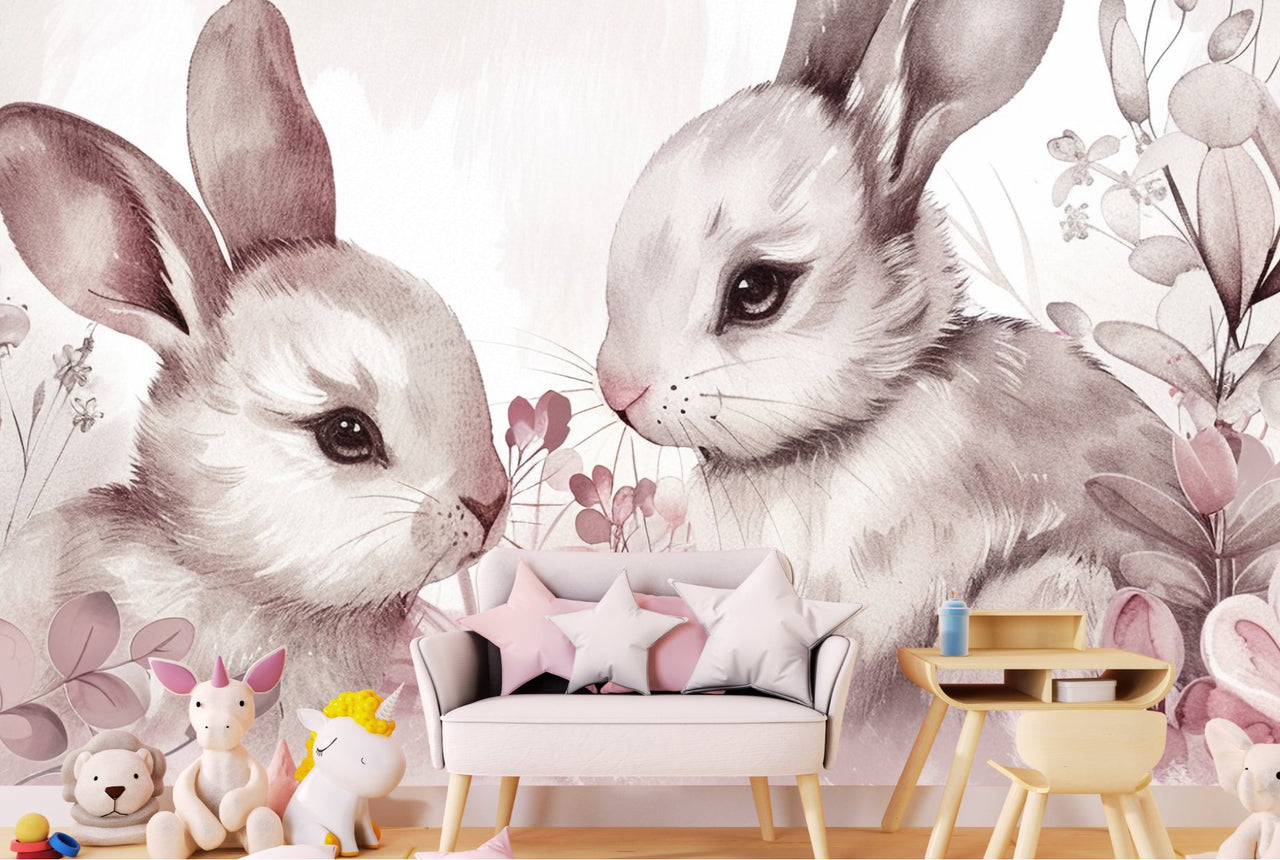 Papier Peint Animaux  <br/> Fleur Rose et Lapin
