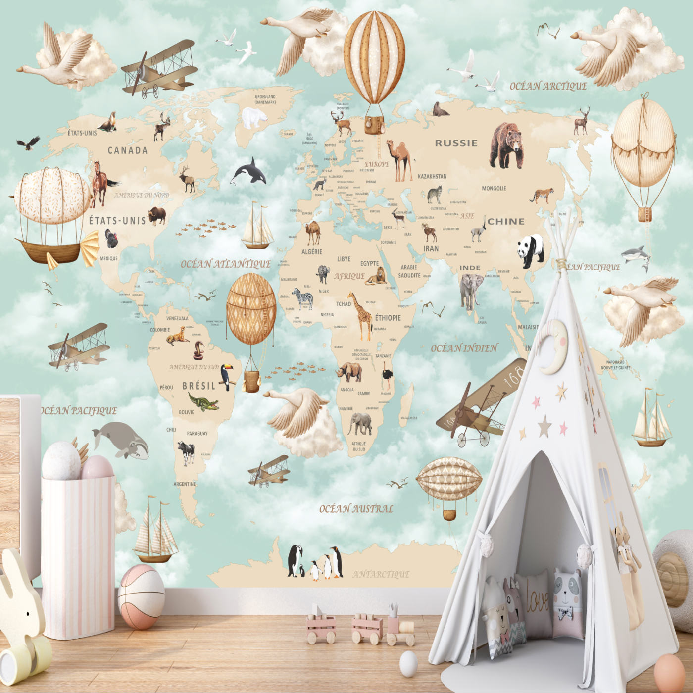 Tenture Murale Enfant Carte Du Monde Animaux – 130x153 Cm, Tissu Polyester Doux