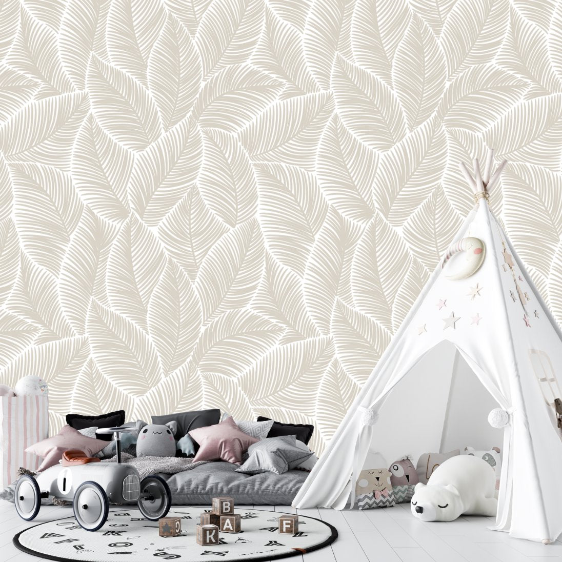 Papier Peint Bébé Classique <br/> Feuillage Beige Délicat