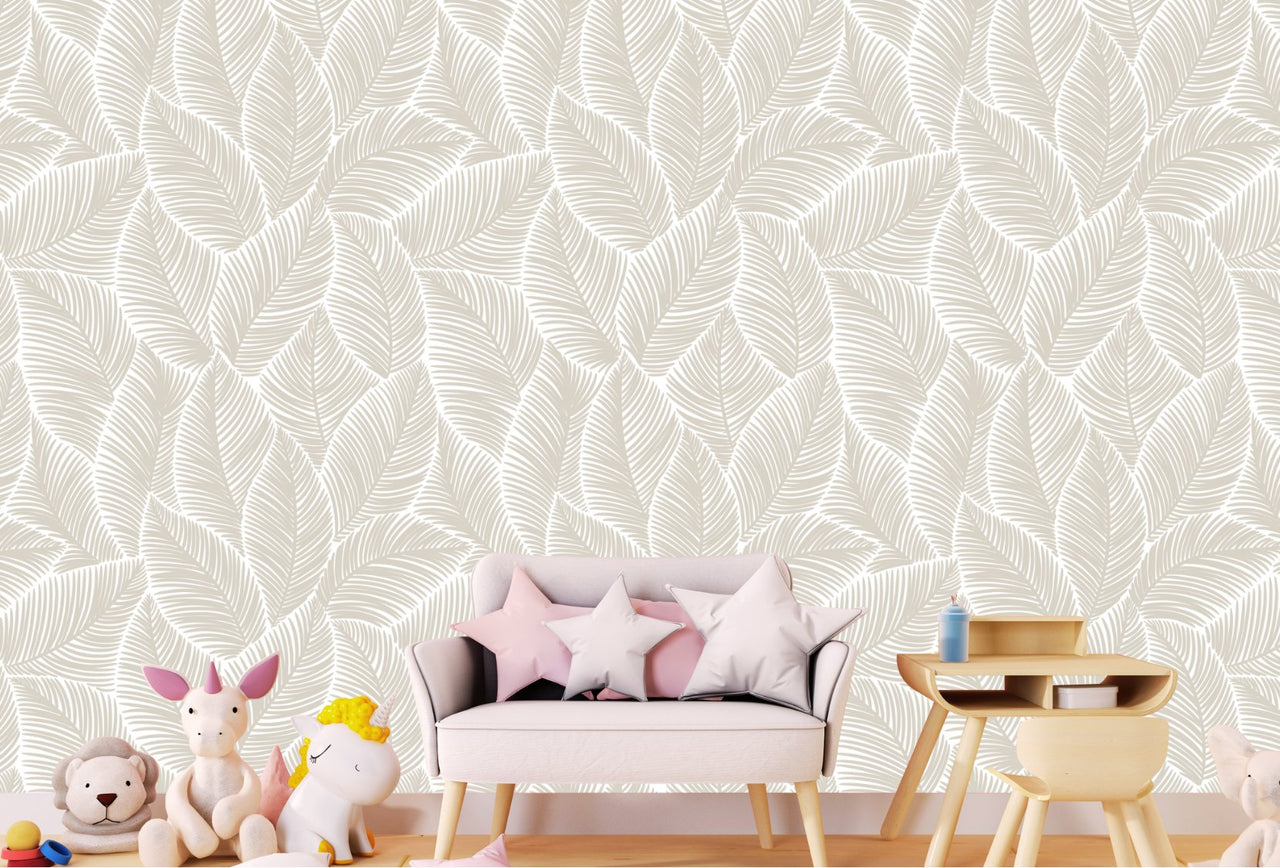 Papier Peint Bébé Classique <br/> Feuillage Beige Délicat