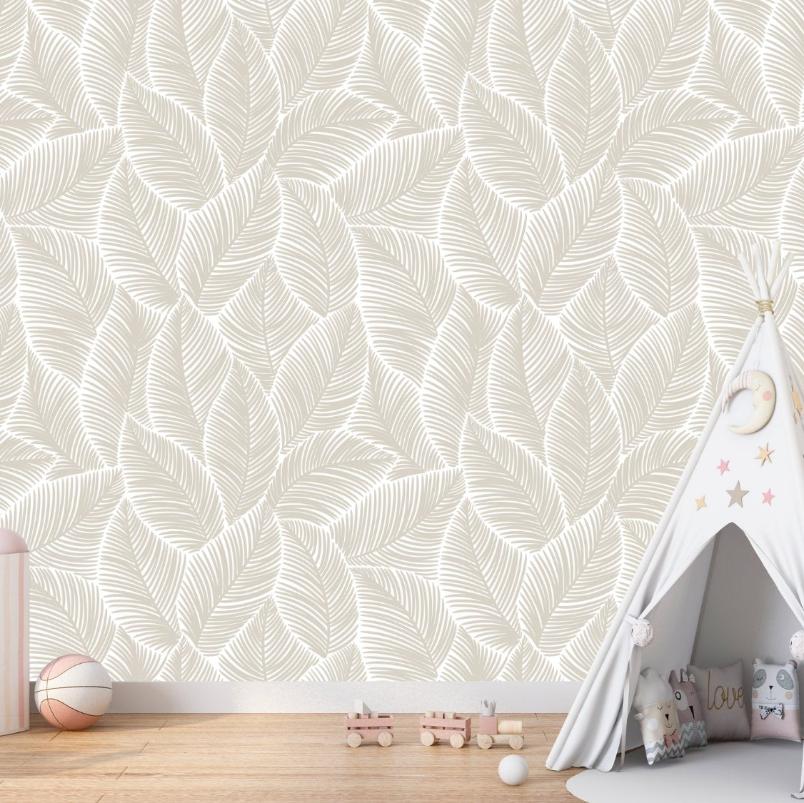 Papier Peint Bébé Classique <br/> Feuillage Beige Délicat