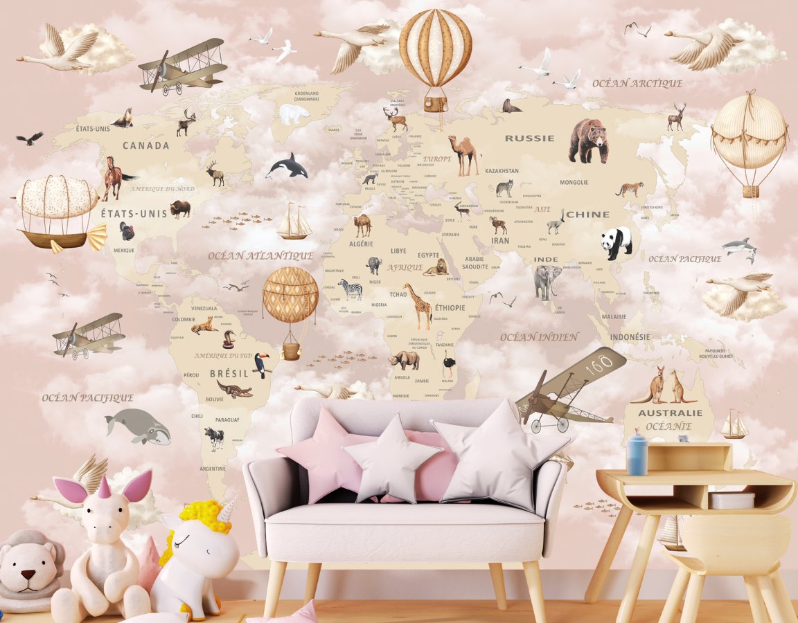 Papier Peint Carte du Monde <br/> Tapisserie Rose Poudré en Français