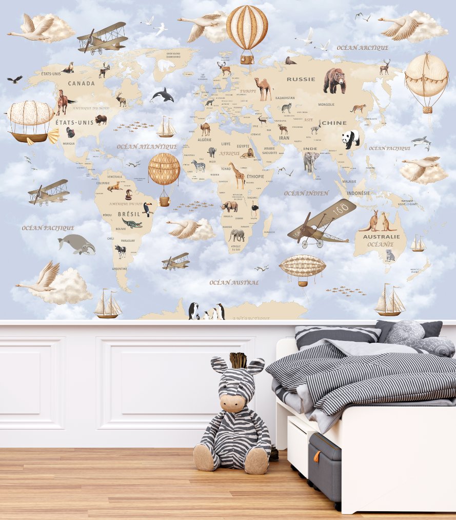 Papier Peint Carte du Monde <br/> Voyage Bleu en Français