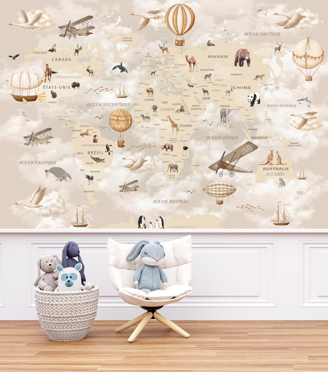 Papier Peint Carte du Monde <br/> Mural Beige Français