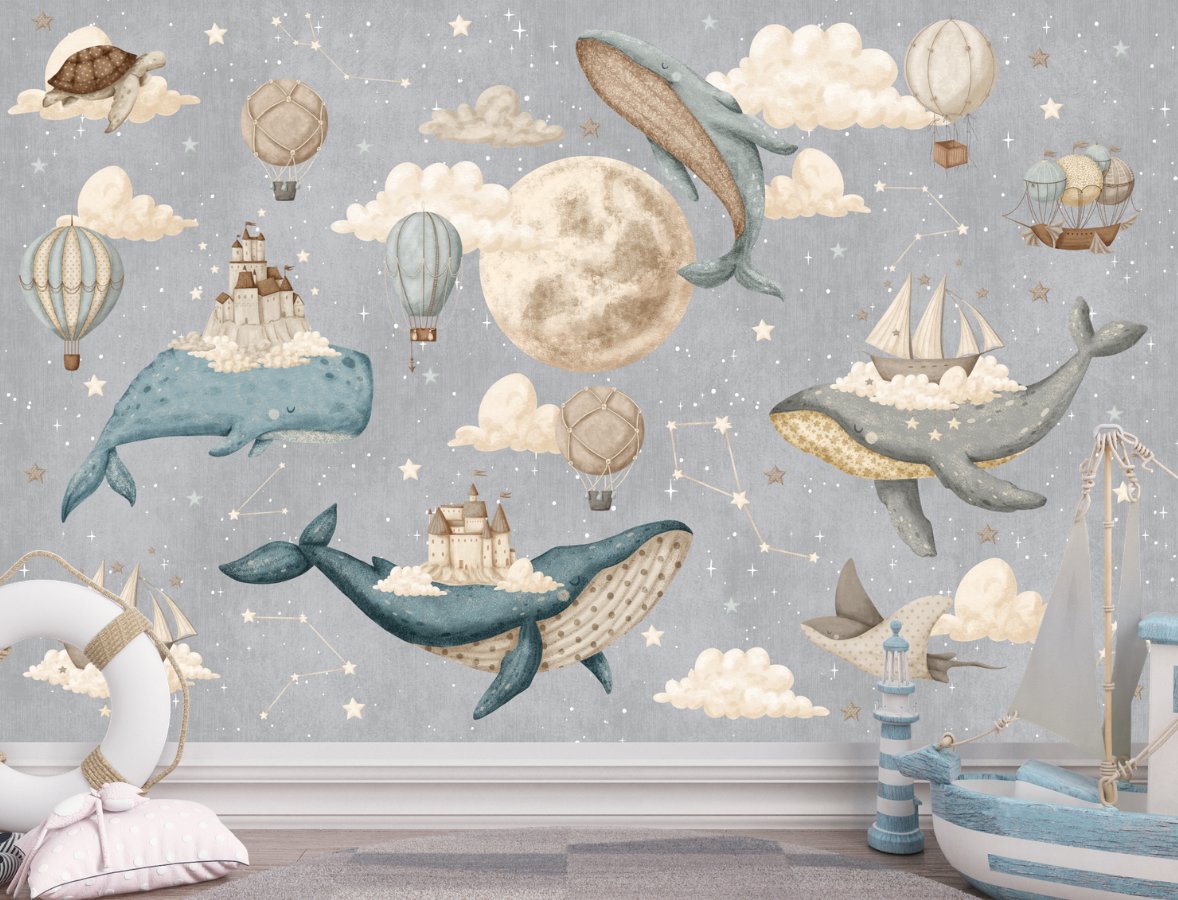 Papier Peint Marin <br/> Baleine et Montgolfière, ciel étoilé