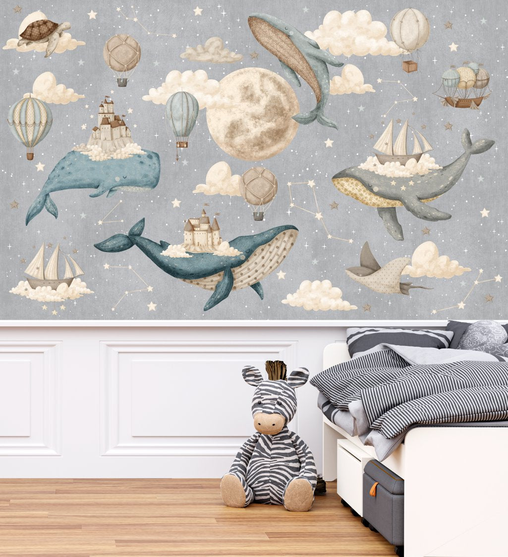 Papier Peint Marin <br/> Baleine et Montgolfière, ciel étoilé