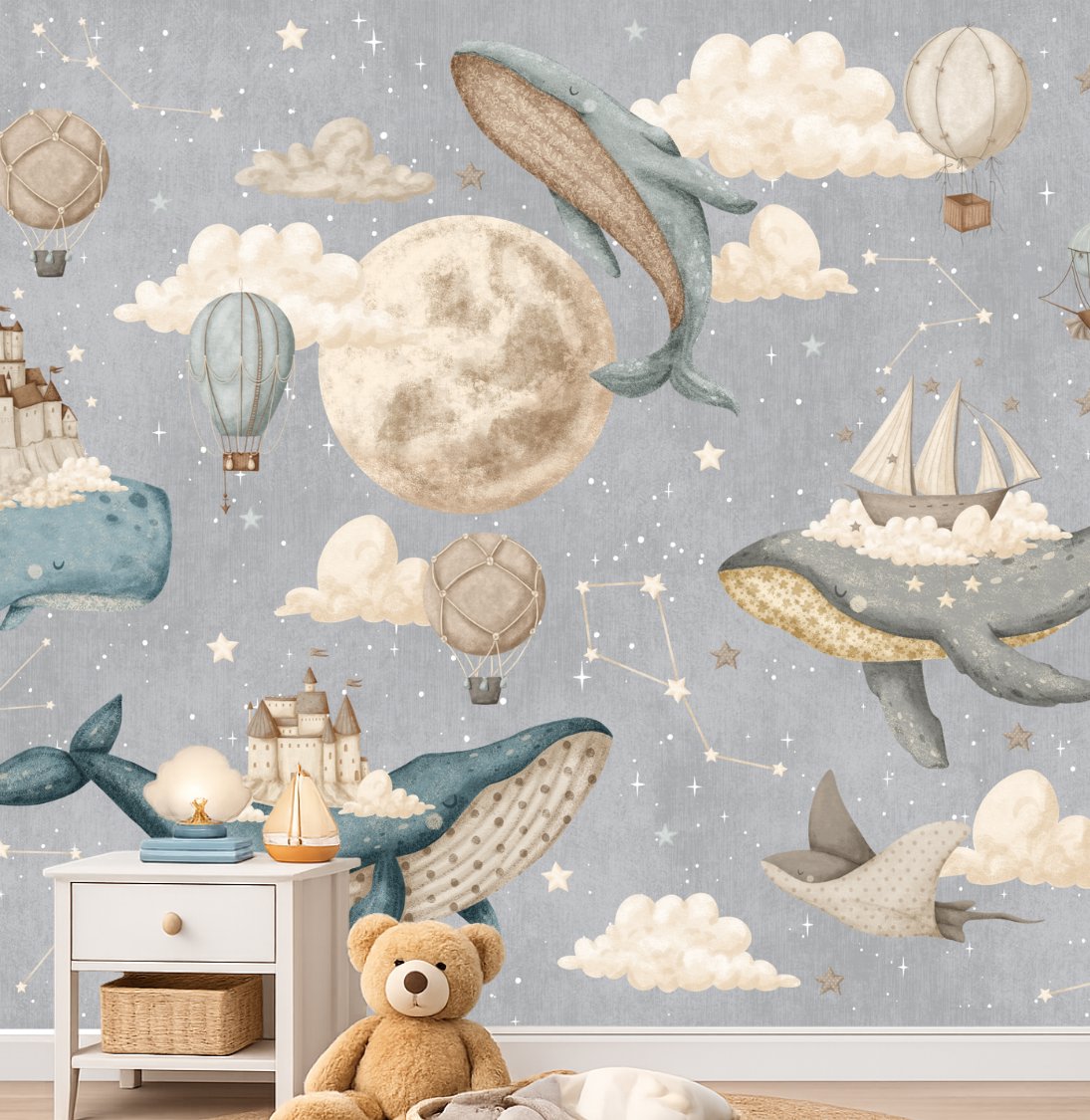 Papier Peint Marin <br/> Baleine et Montgolfière, ciel étoilé