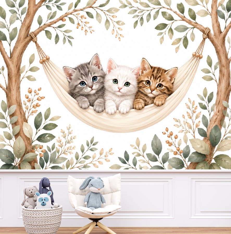 Papier Peint Animaux  <br/> Chaton Trio Feuillage