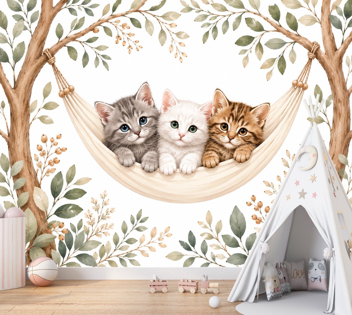 Papier Peint Animaux  <br/> Chaton Trio Feuillage