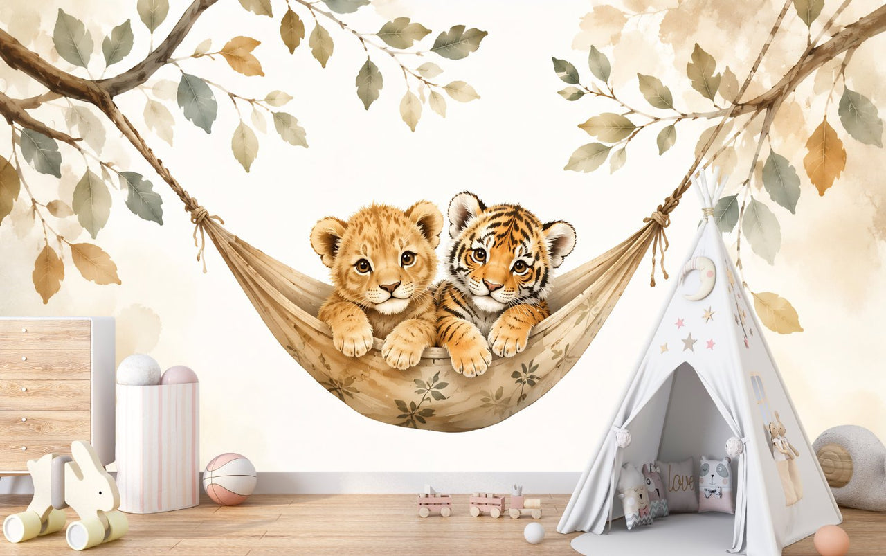 Papier Peint Animaux  <br/> Tigre et Lion ambiance Marron