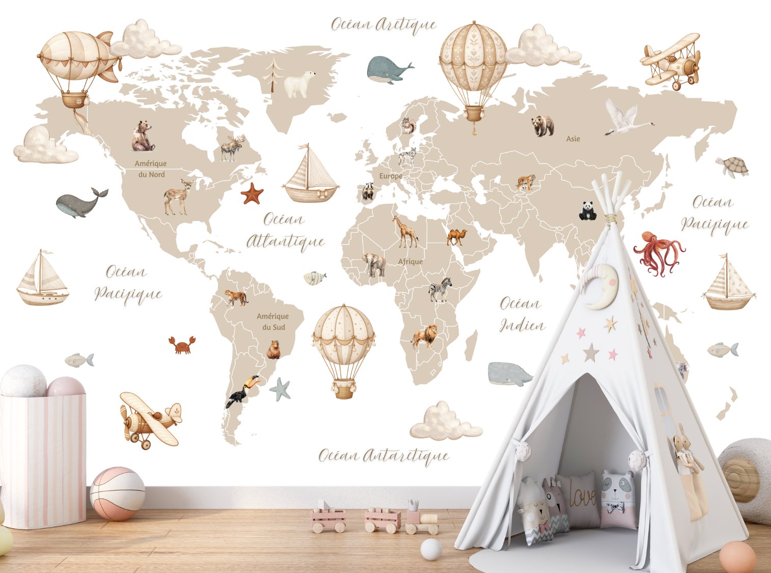 Papier Peint Carte du Monde <br/> La Ronde des Continents en Français
