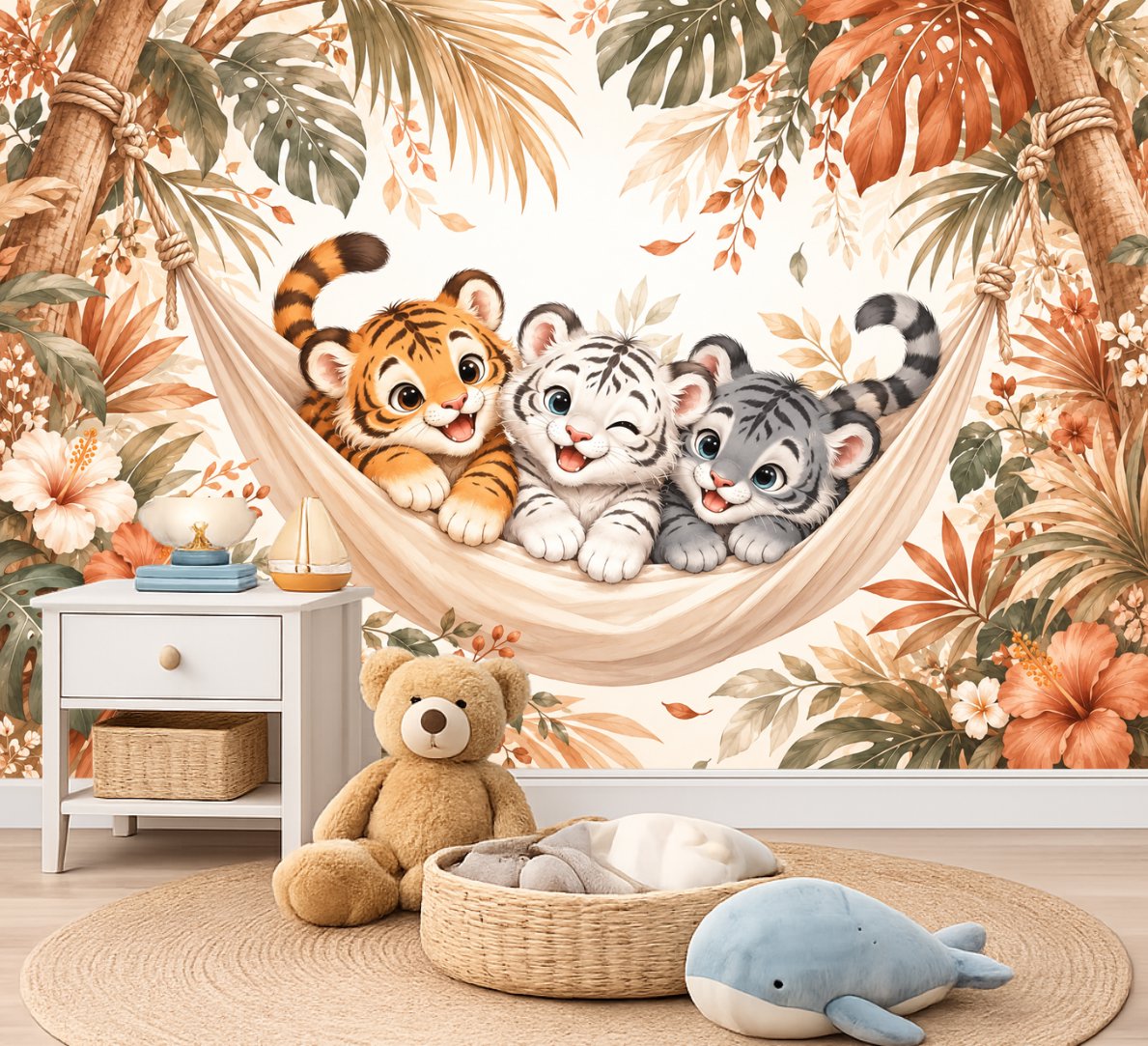 Papier Peint Animaux  <br/> Trio de Tigres et Douce Jungle