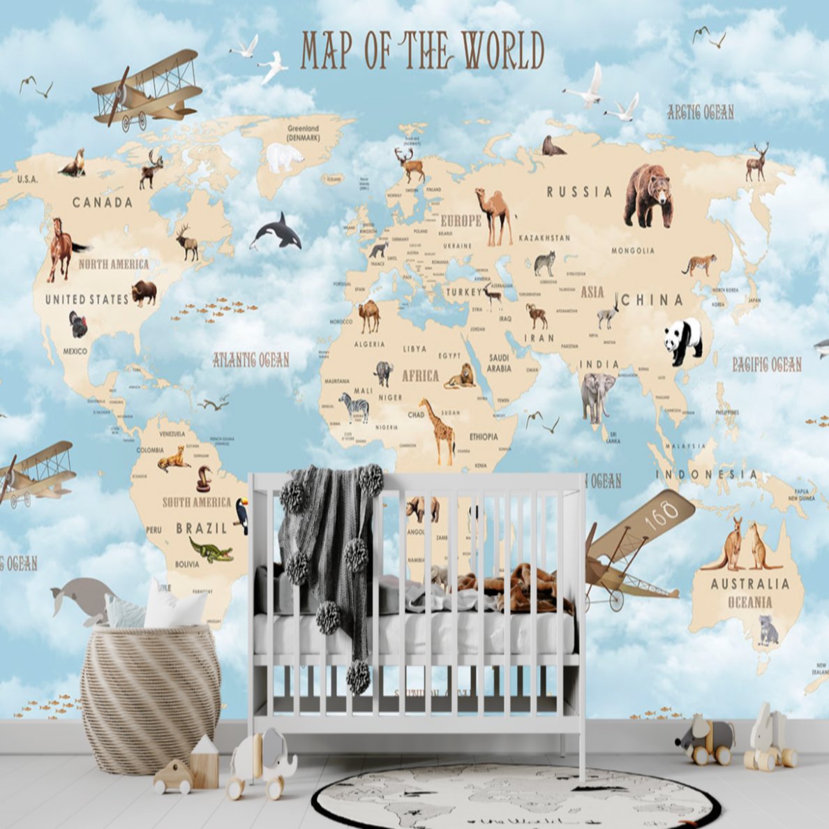 Papier Peint Carte du Monde <br/> Map of the World Bleu