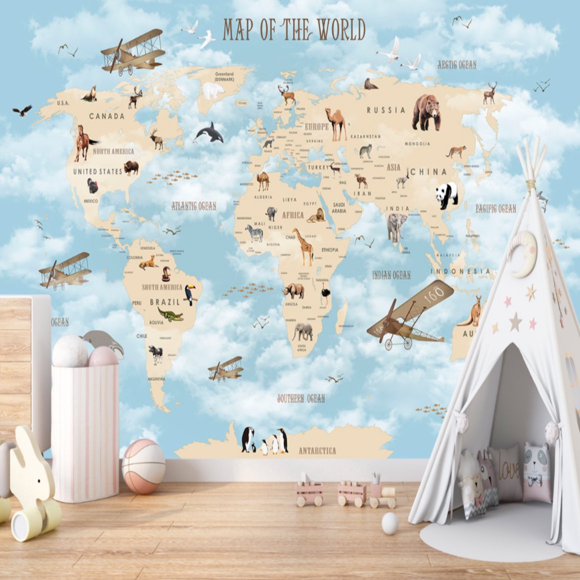 Papier Peint Carte du Monde <br/> Map of the World Bleu