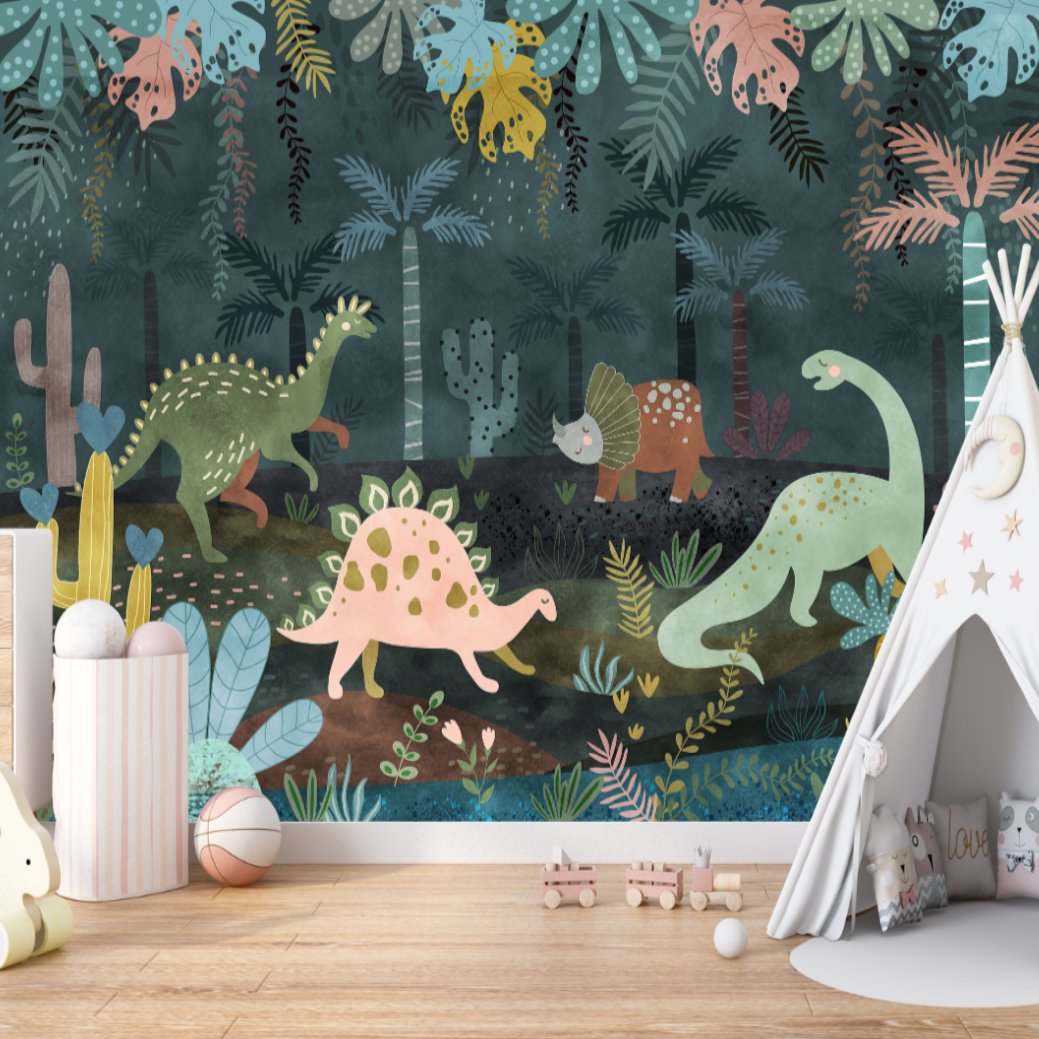 Papier Peint Dinosaure <br/> Jungle Préhistorique Colorée