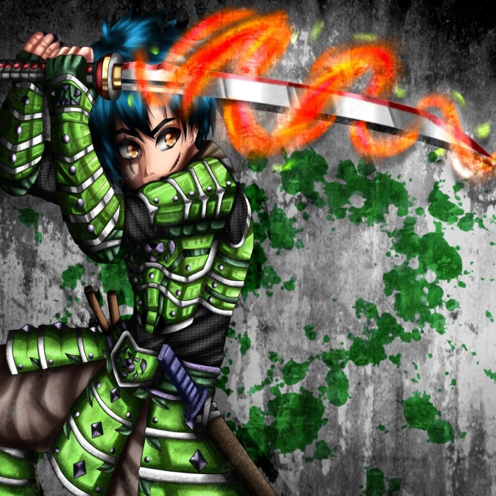 Papier Peint Japonais Manga <br/> Guerrier Vert et Katana en Feu