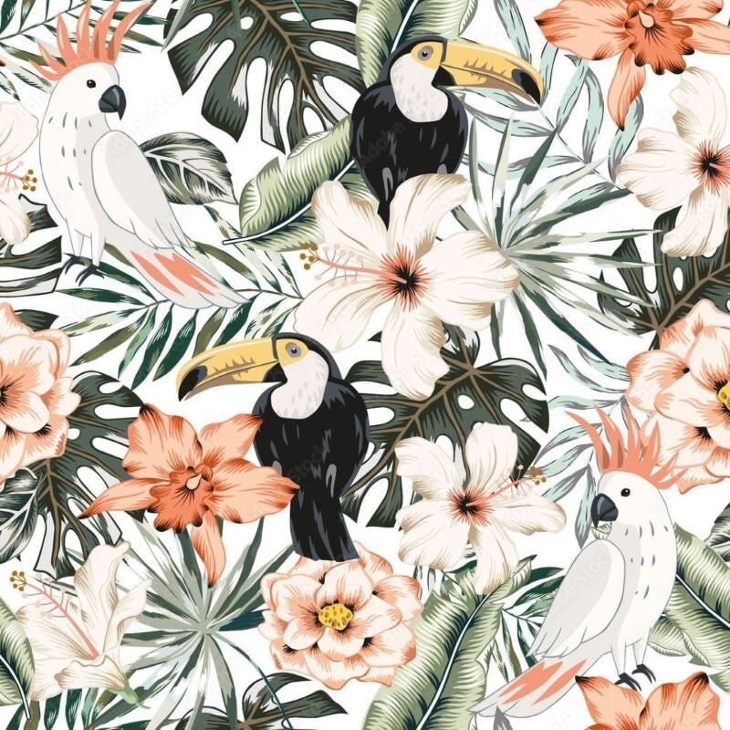 Papier Peint Tropical <br/> Toucan et Fleurs