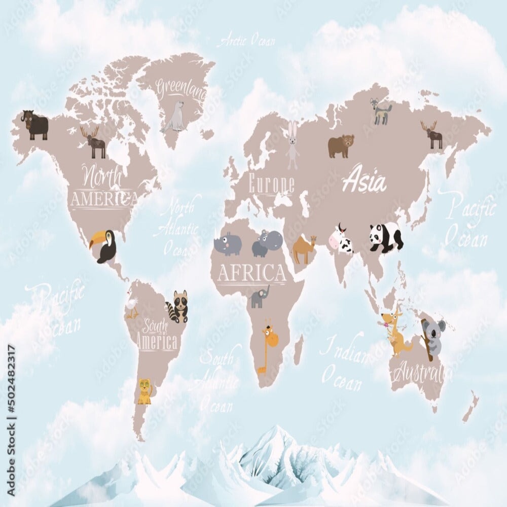 Papier Peint Carte du Monde <br/> Hivernale et Animaux Mignons