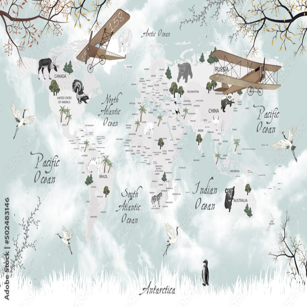 Papier Peint Carte du Monde <br/> Avion et Bleu Ciel