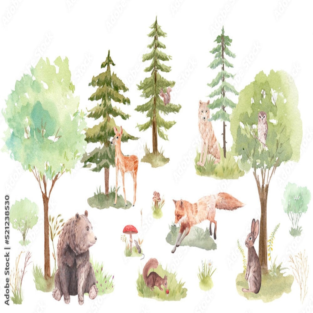 Papier Peint Animaux <br/> Forêt Aquarelle et Pastel