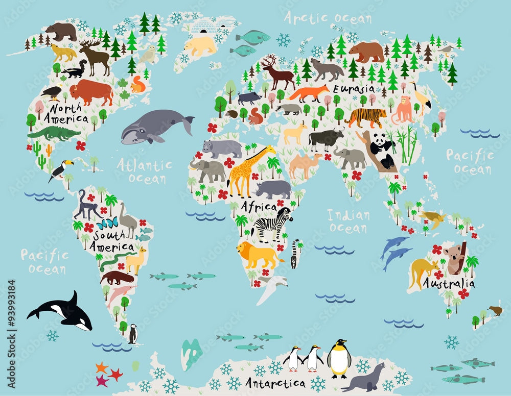 Papier Peint Carte du Monde <br/> Bébé Animaux