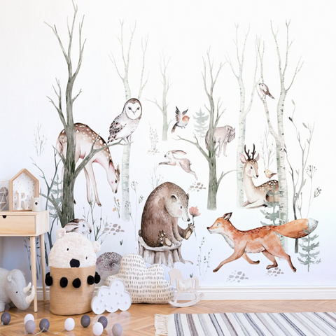 Papier peint bois enchanté et ses animaux - Muralconcept
