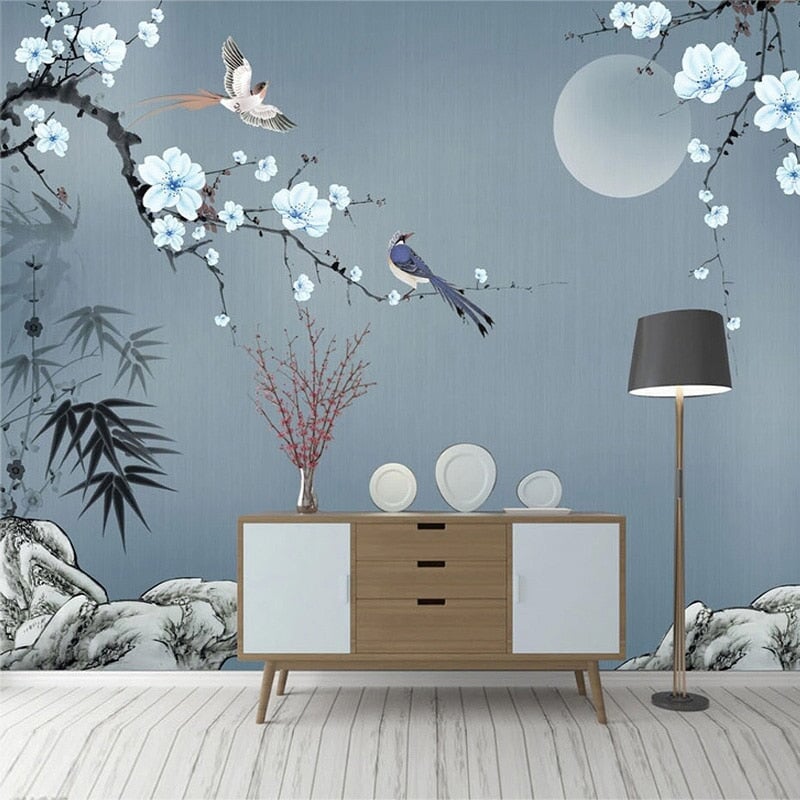 Papier Peint Oiseaux <br/> Fond Bleu
