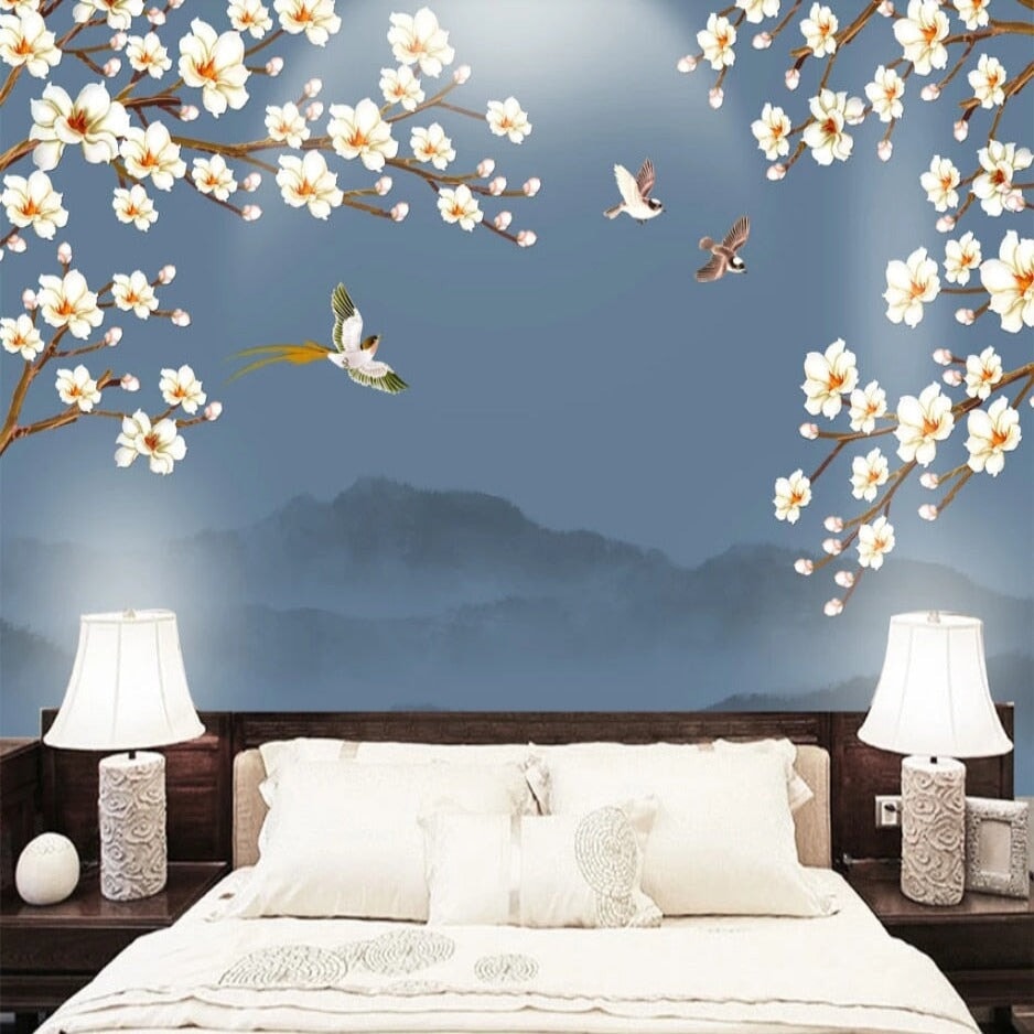 Papier peint chinoiserie turquoise, papier peint floral et