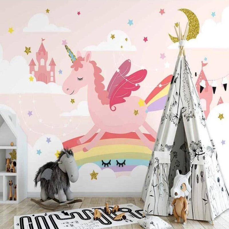 Papier Peint Licorne <br/> Château et Arc-en-Ciel