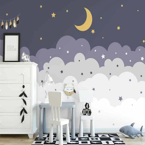Stickers Chambre Fille - Petit Eléphant qui dort sur la Lune et Etoiles