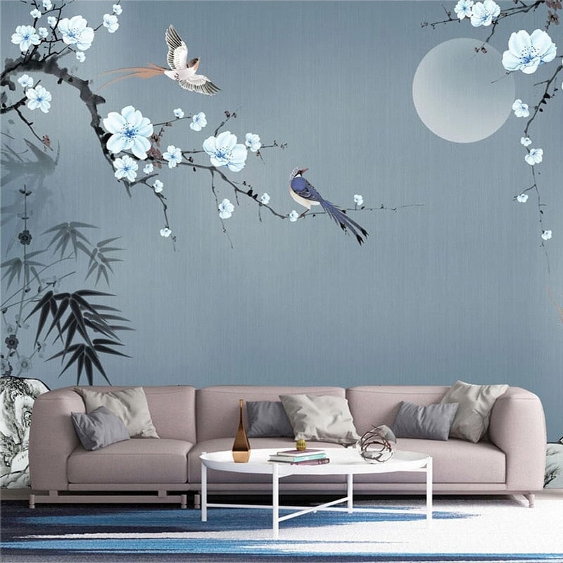 Papier Peint Oiseaux <br/> Fond Bleu