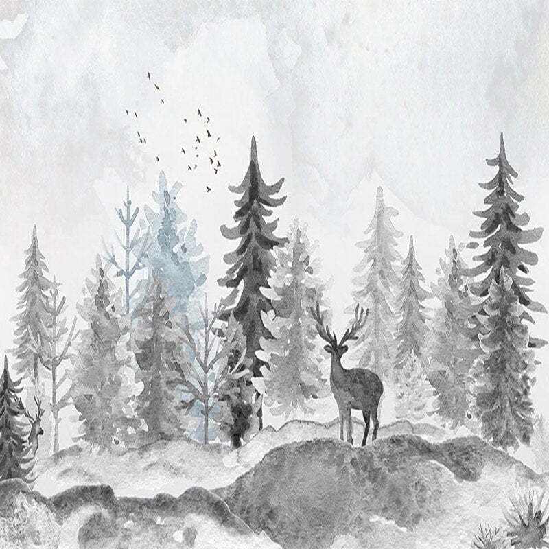 Papier Peint Bébé Classique <br/> Arbre Aquarelle Gris