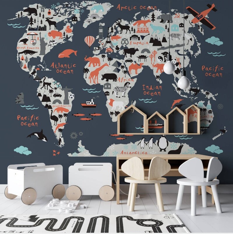 Papier Peint Carte du Monde <br/> Bleu profond et Animaux